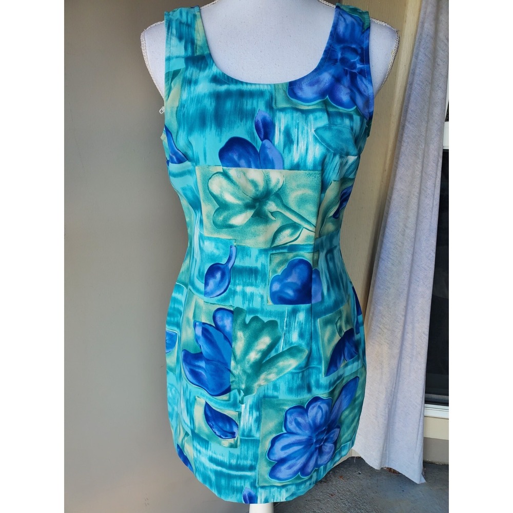 All That Jazz‎ Sheath Dress Womens 9/10 Blue Green Floral Tropical Vintage 90s